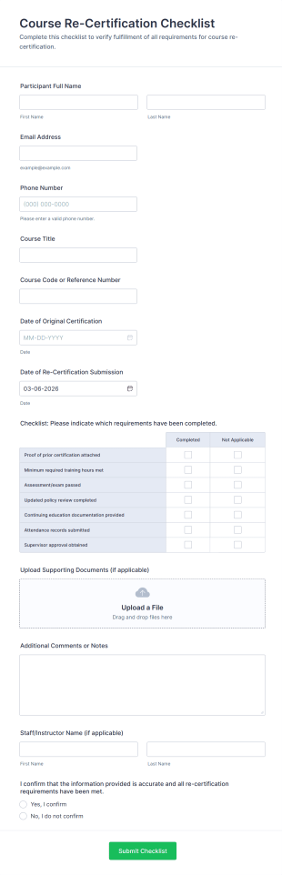 Course Re Certification Checklist Form Template