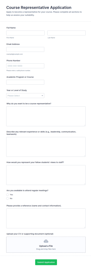 Course Representative Application Form Template