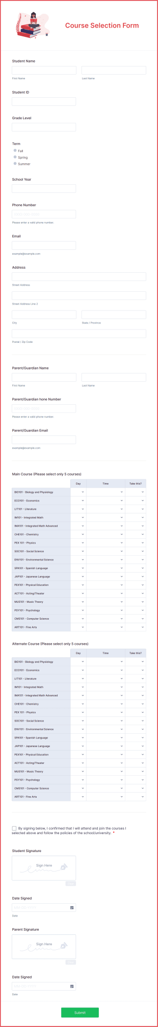 Course Selection Form Template