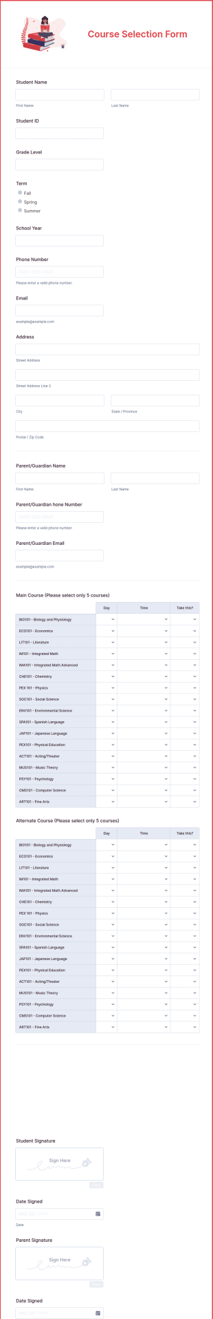Course Selection Form Template