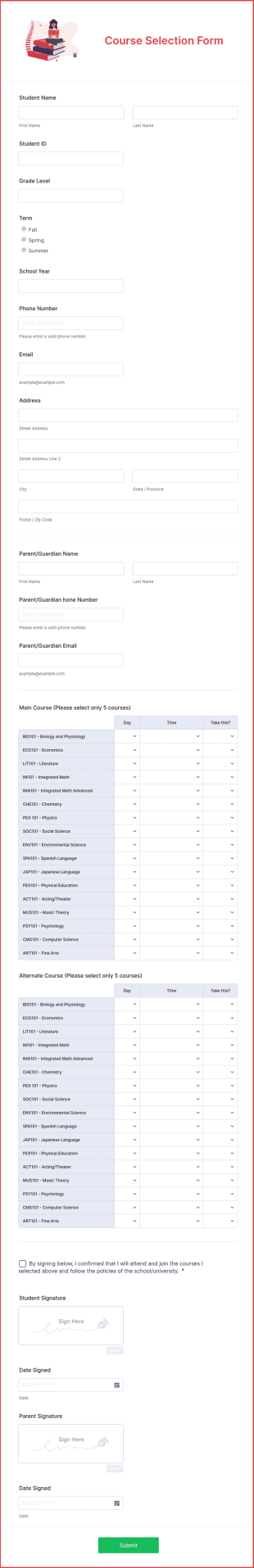 Course Selection Form Template
