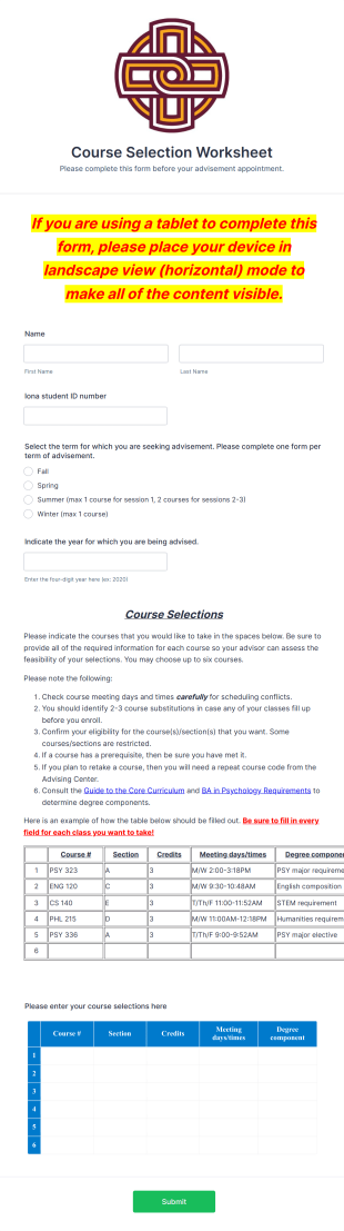 Course Selection Worksheet Form Template