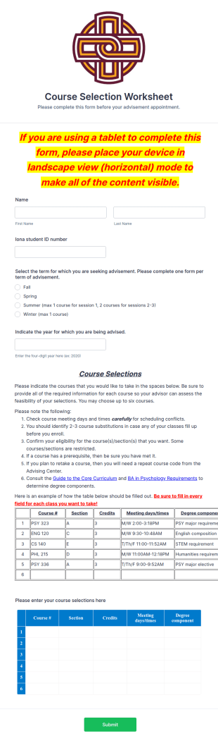 Course Selection Worksheet Form Template