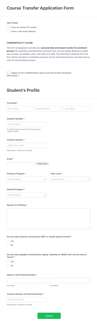 Course Transfer Application Form Template