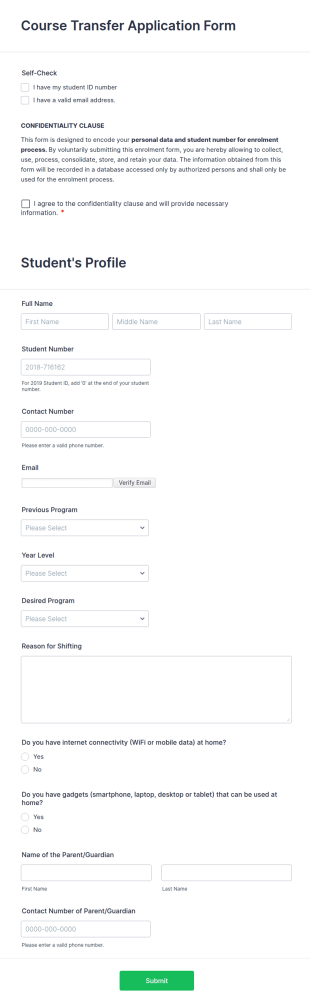 Course Transfer Application Form Template