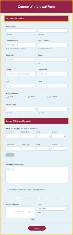 Course Withdrawal Form Template