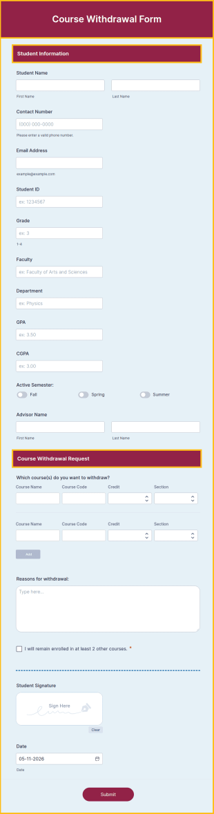Course Withdrawal Form Template