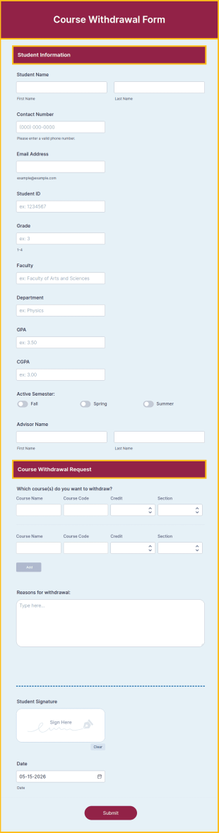 Course Withdrawal Form Template
