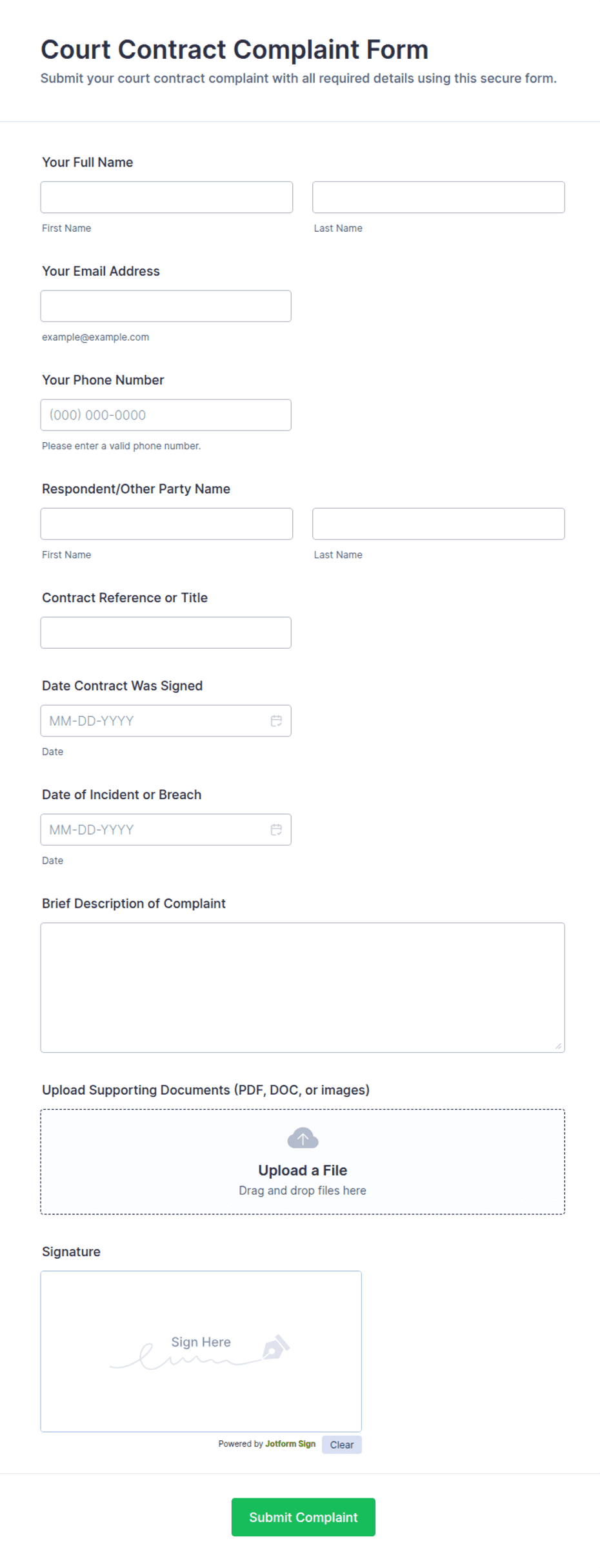 Court Contract Complaint Form Template | Jotform