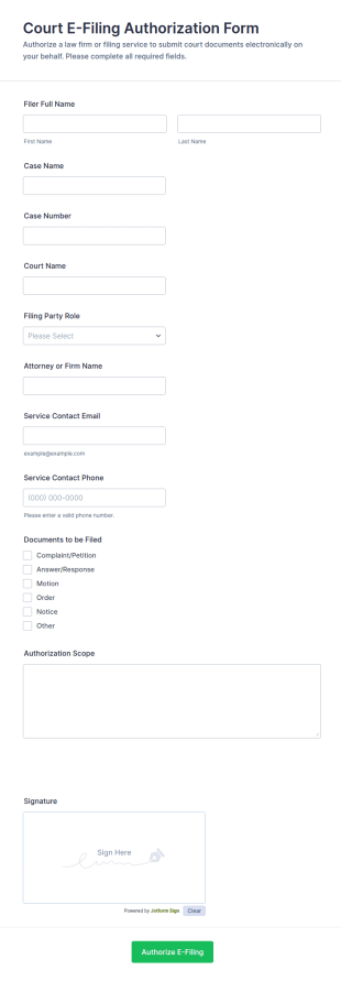 Court E Filing Authorization Form Template