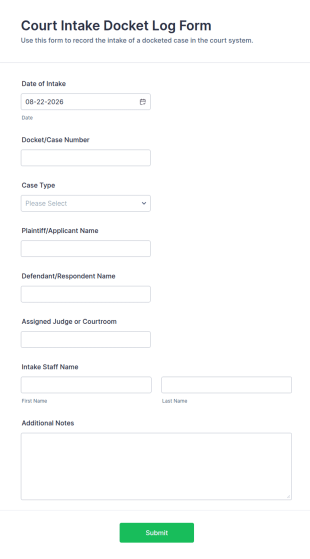 Court Intake Docket Log Form Template