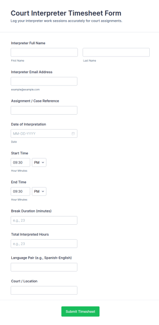 Court Interpreter Timesheet Form Template