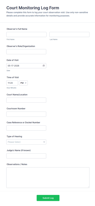 Court Monitoring Log Form Template