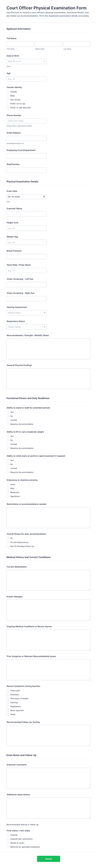 Court Officer Physical Examination Form Template