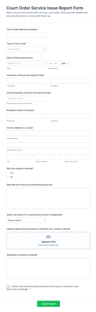 Court Order Service Issue Report Form Template