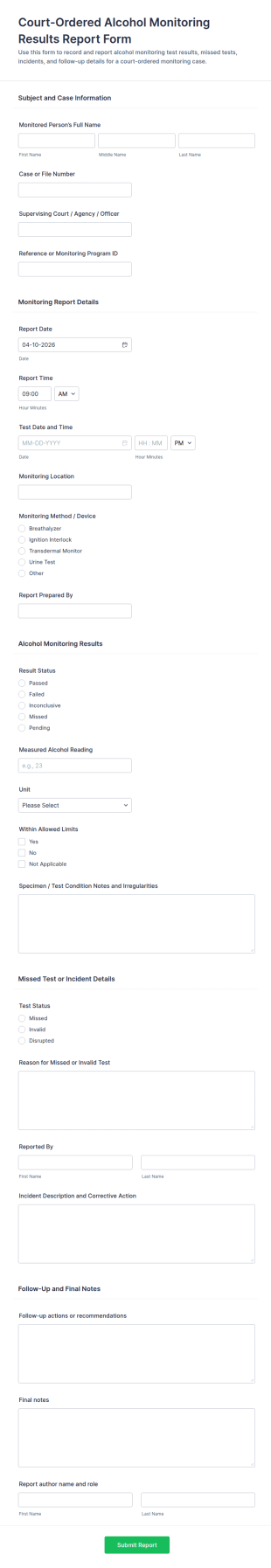 Court Ordered Alcohol Monitoring Results Report Form Template