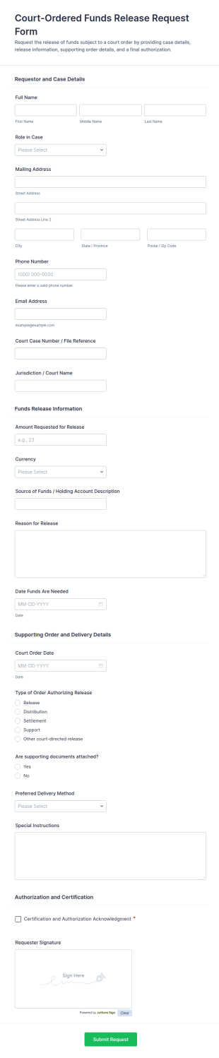 Court Ordered Funds Release Request Form Template