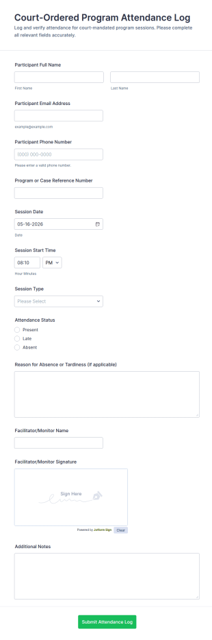 Court Ordered Program Attendance Log Form Template