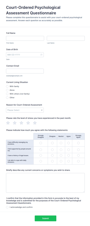 Court Ordered Psychological Assessment Questionnaire Form Template