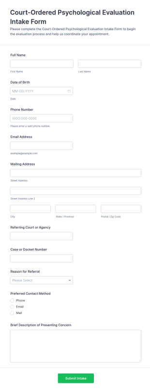 Court Ordered Psychological Evaluation Intake Form Template