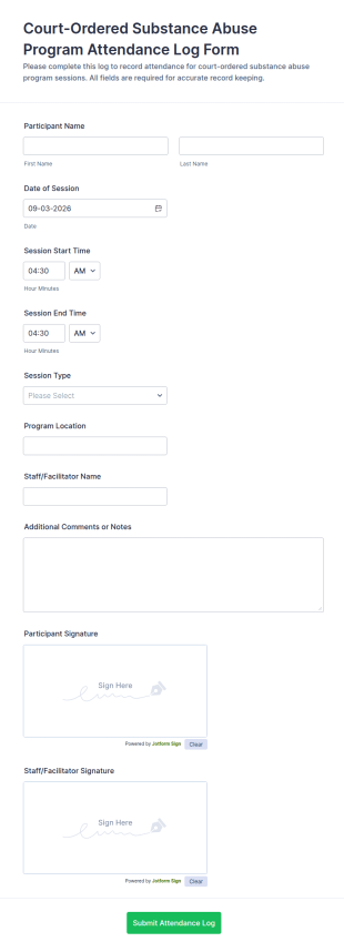 Court Ordered Substance Abuse Program Attendance Log Form Template