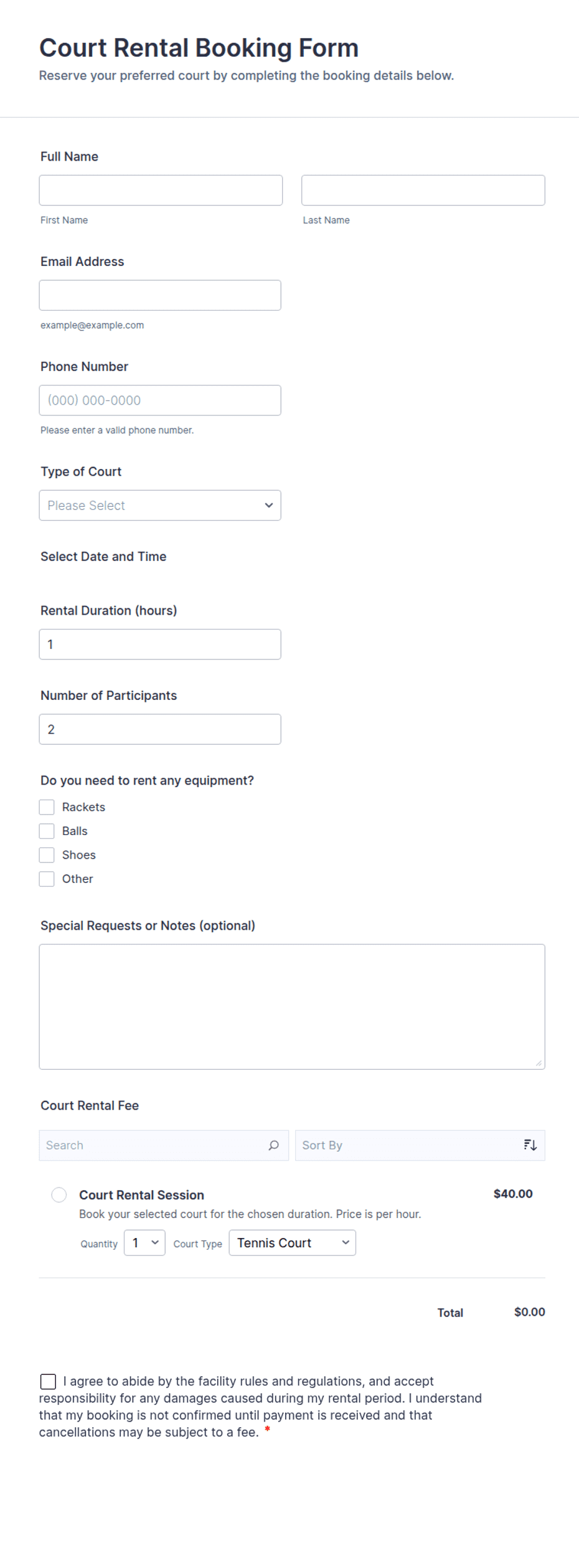Court Rental Booking Form Template | Jotform