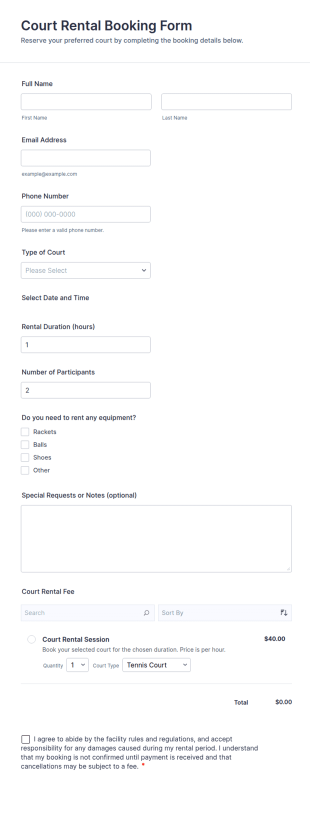 Court Rental Booking Form Template