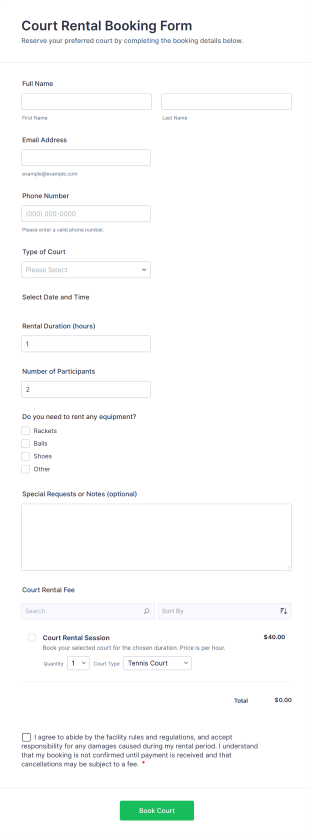Court Rental Booking Form Template