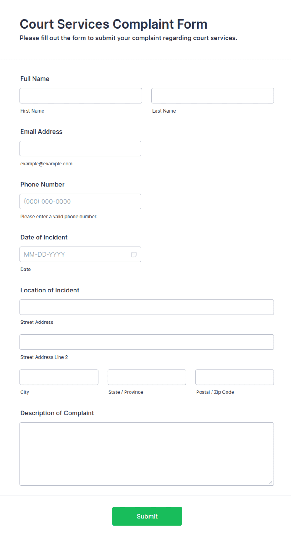 Service Conplaint Form Example Court Services Complaint Form Template | Jotform
