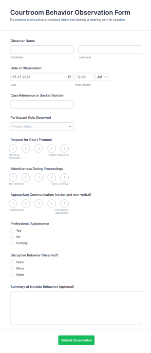 Courtroom Behavior Observation Form Template