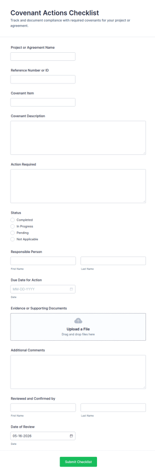 Covenant Actions Checklist Form Template