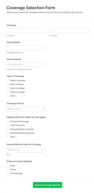 Coverage Selection Form Form Template