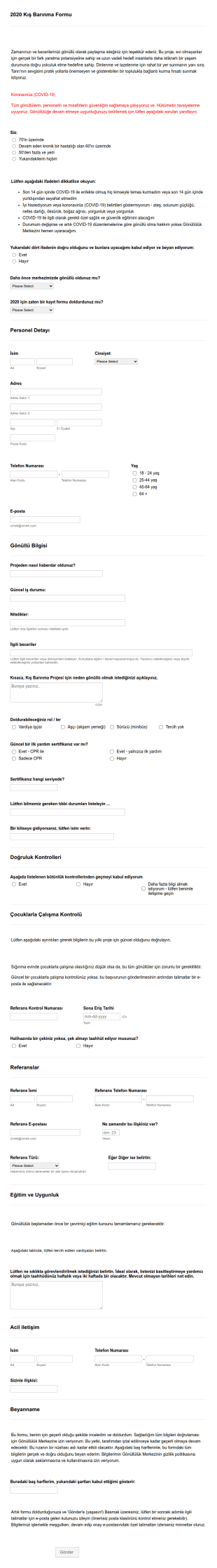 COVID 19 2020 Gönüllü Kayıt Form Şablonu