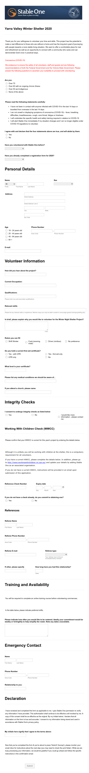 COVID 19 2020 Volunteer Registration Form Template