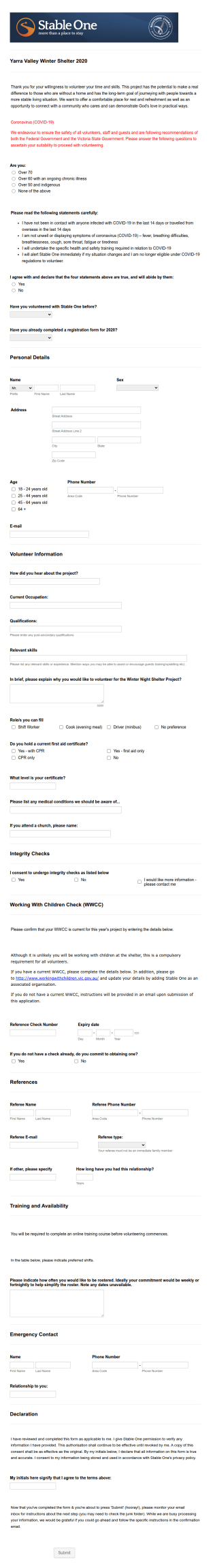 COVID 19 2020 Volunteer Registration Form Template