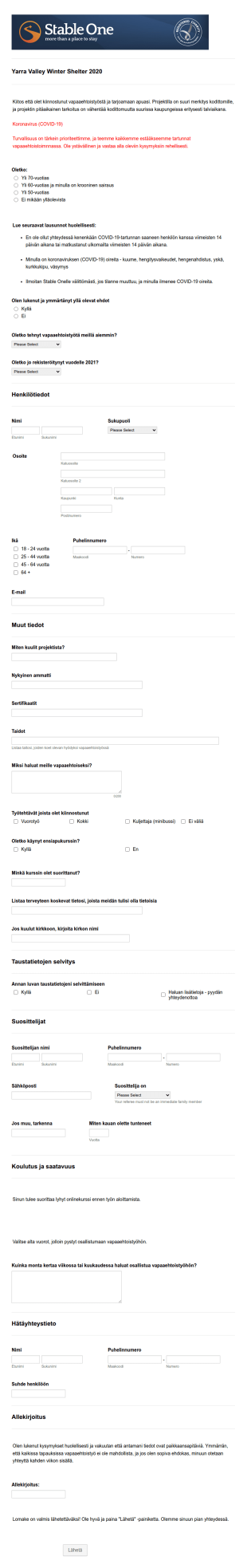 COVID 19 2021 Vapaaehtoisten Rekisteröintilomake