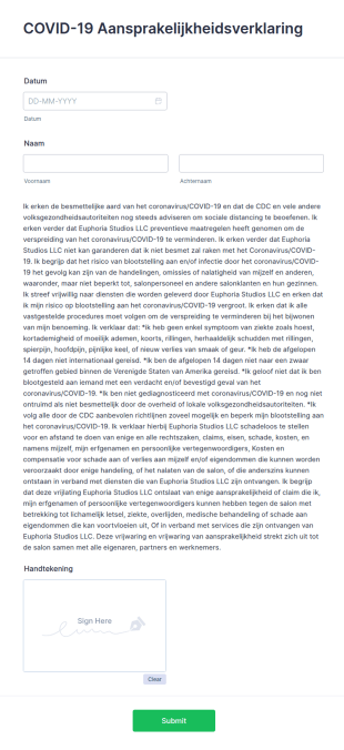 COVID 19 Aansprakelijkheidsverklaring