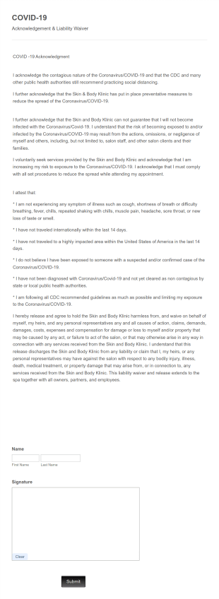 COVID 19 Acknowledgement &amp Liability Waiver Form Template