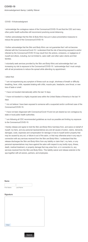 COVID 19 Acknowledgement & Liability Waiver Form Template