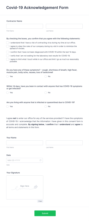 Covid 19 Acknowledgement Form Template