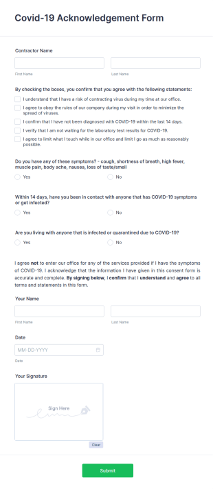 Covid 19 Acknowledgement Form Template
