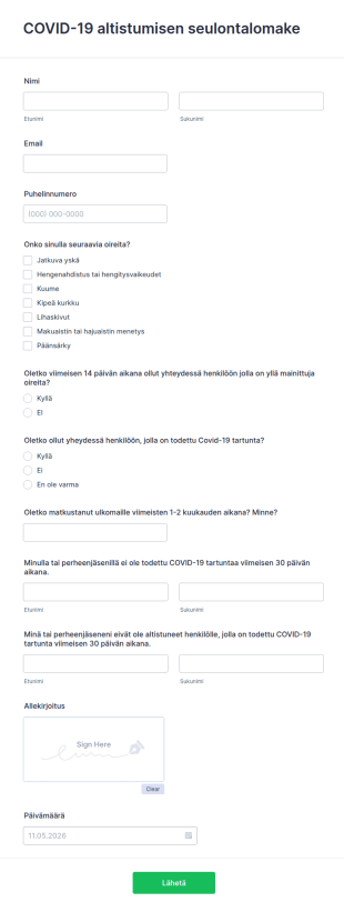 COVID 19 Altistumisen Seulontalomake