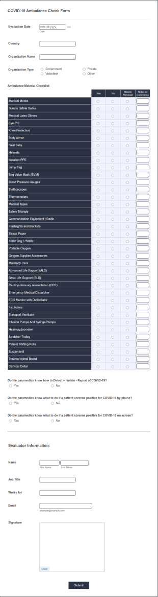 COVID 19 Ambulance Check Form Template