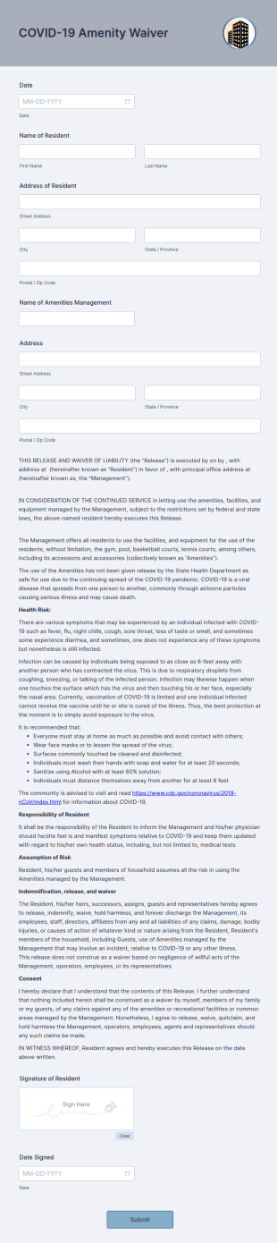 COVID 19 Amenity Waiver Form Template
