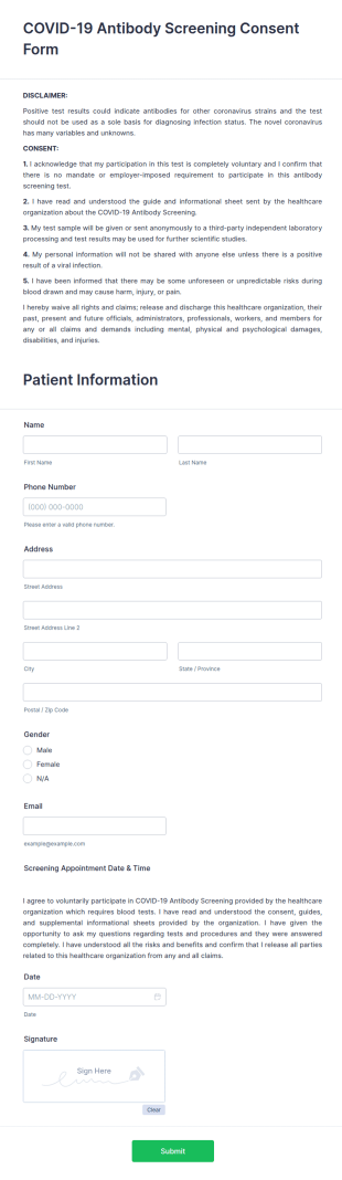 COVID 19 Antibody Screening Consent Form Template