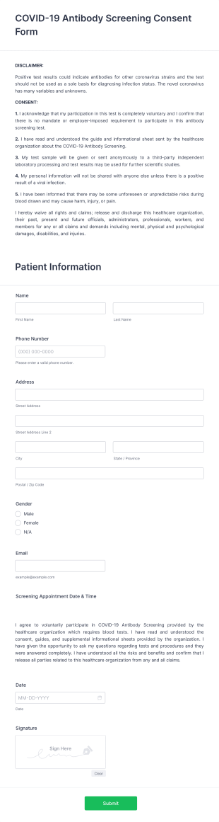 COVID 19 Antibody Screening Consent Form Template