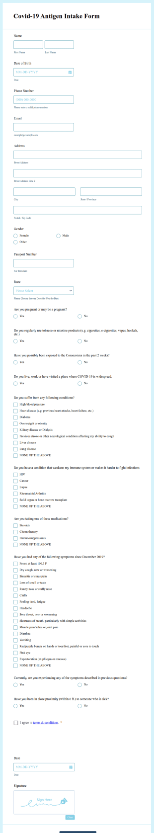 Covid 19 Antigen Intake Form Template