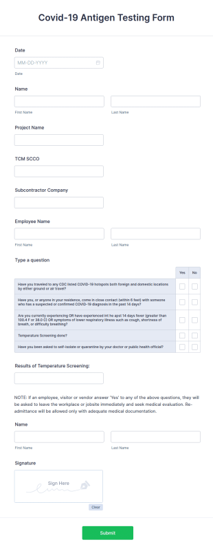 Covid 19 Antigen Testing Form Template