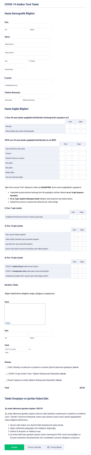 COVID 19 Antikor Testi Talebi Form Şablonu