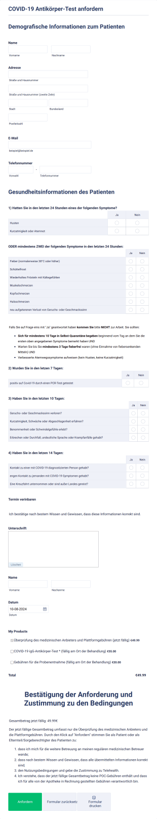 COVID 19 Antikörper Test Anfordern Form Template